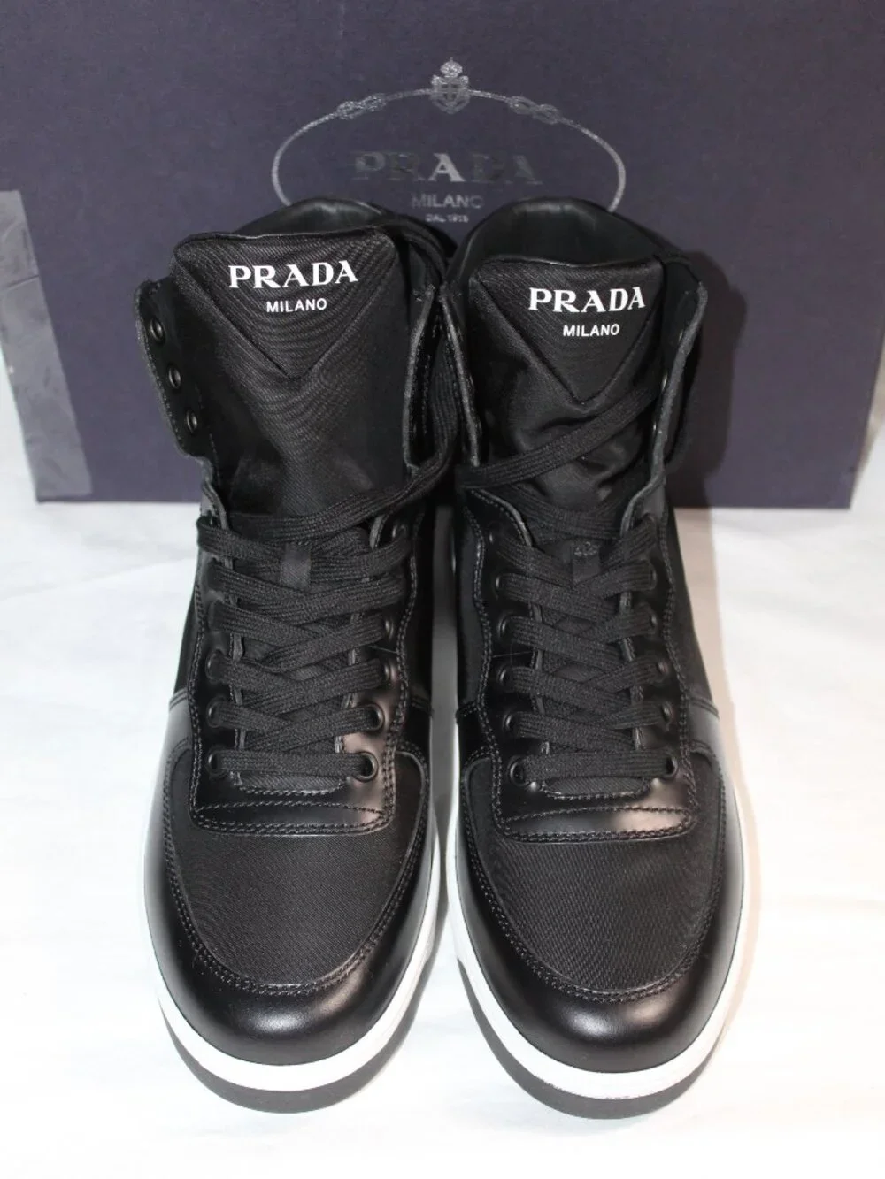 NWB PRADA Black Re-Nylon Booties Lace Up Hi Tops Sneakers Flats Triangle Logo 39